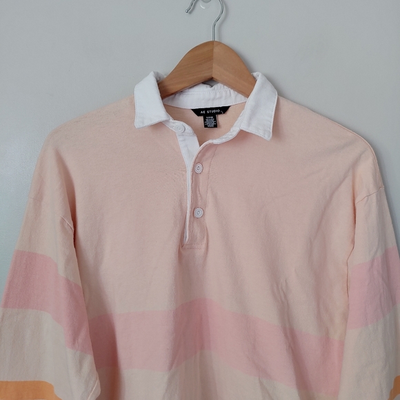 AE Studio American Eagle Crop Polo Long Sleeve Shirt Striped Size Small - Picture 7 of 14